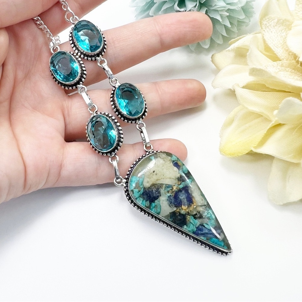 Blue Copper TURQUOISE and Blue TOPAZ Gemstone Necklace New Silver 925 - Picture 4 of 6